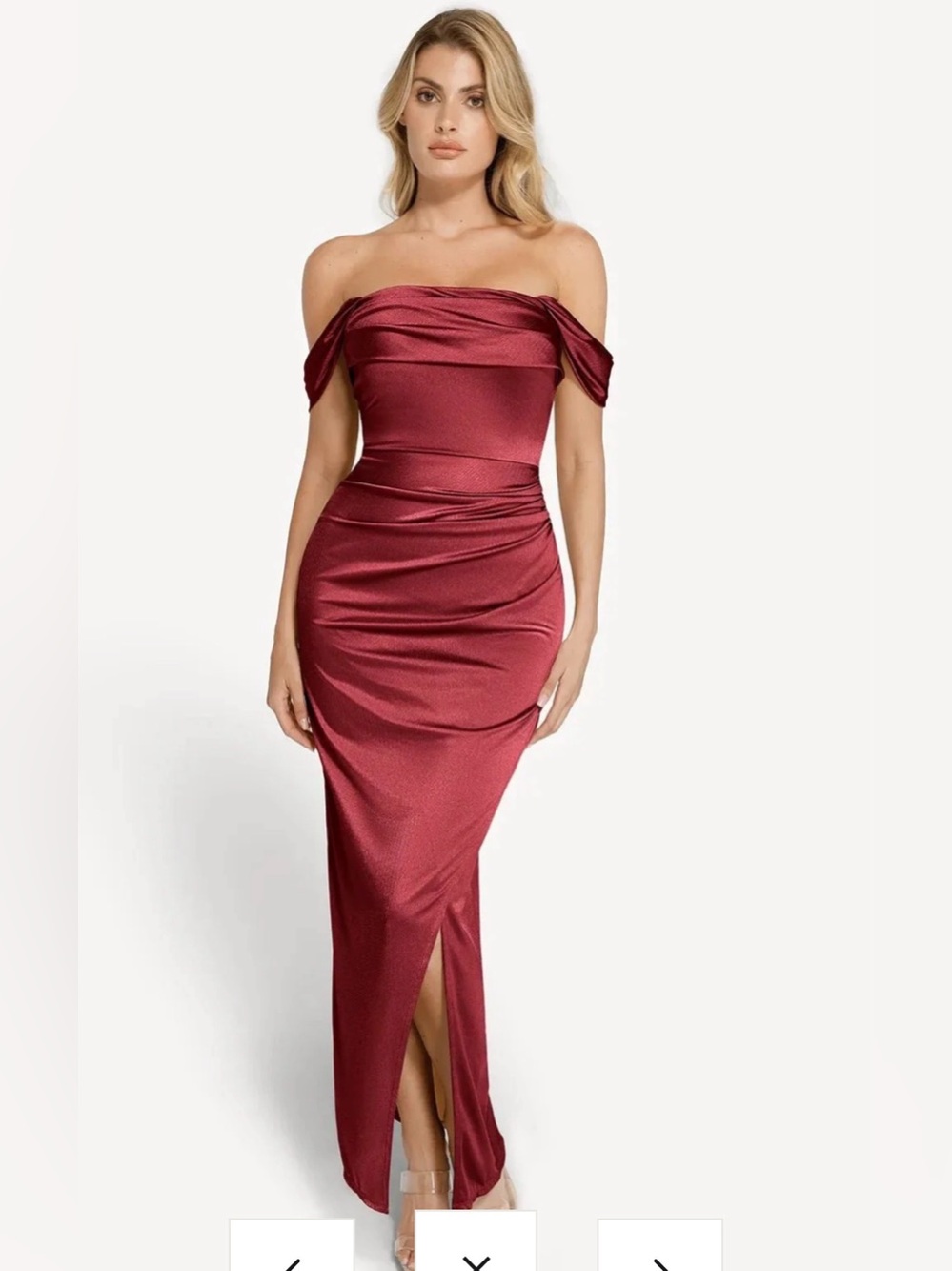 NWOT Popilush Shapewear Off Shoulder Shine Ruched Sculpting Satin Maxi Dress
